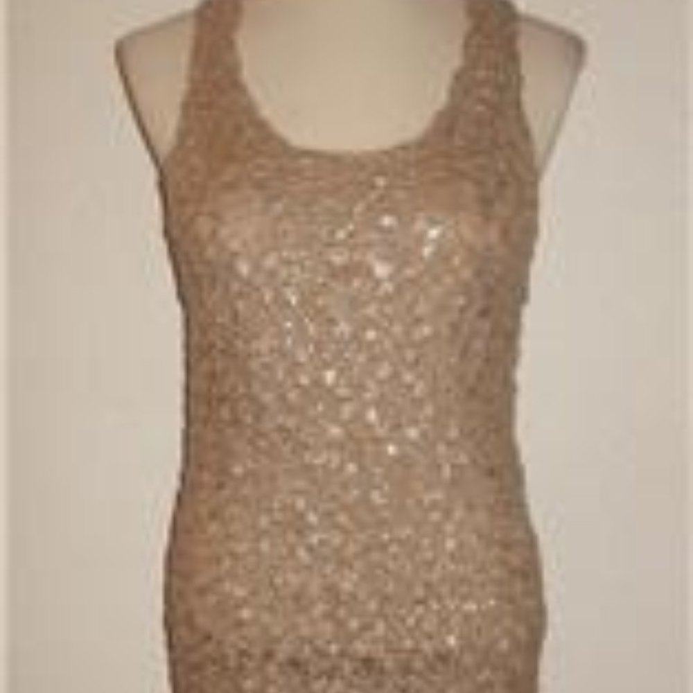CHELSEA & VIOLET MS SIZE LARGE KHAKI TAN OPEN KNIT SLIP LINED FOIL SWEATER DRESS